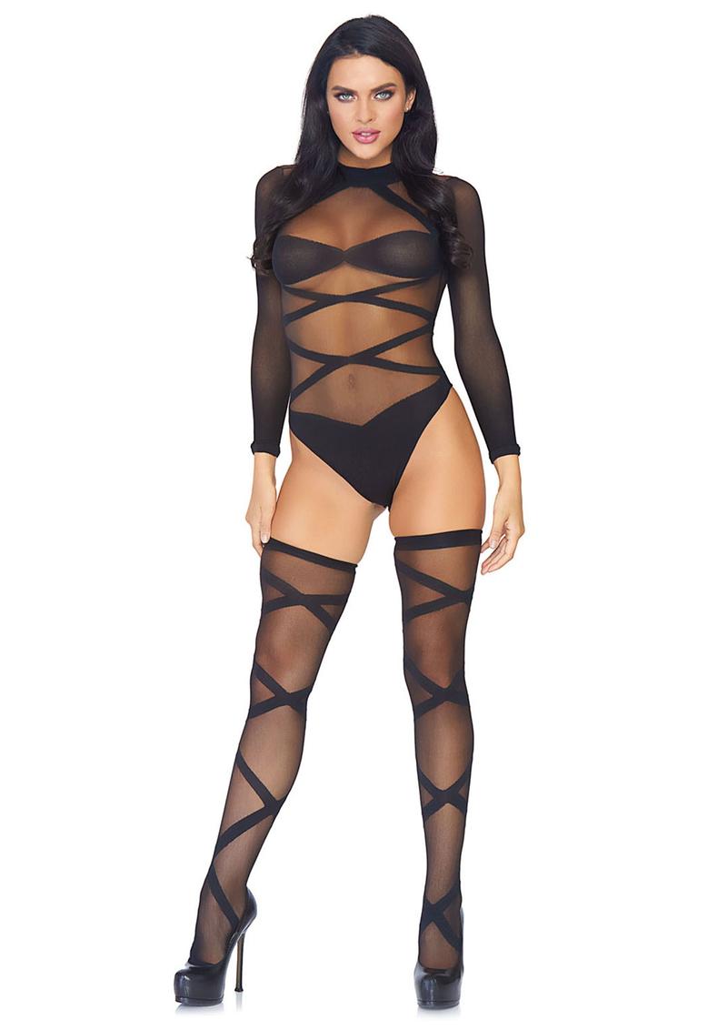 Leg Avenue Sheer Criss Cross Bodysuit with Matching Thigh High (2 piece set) - OS - Black