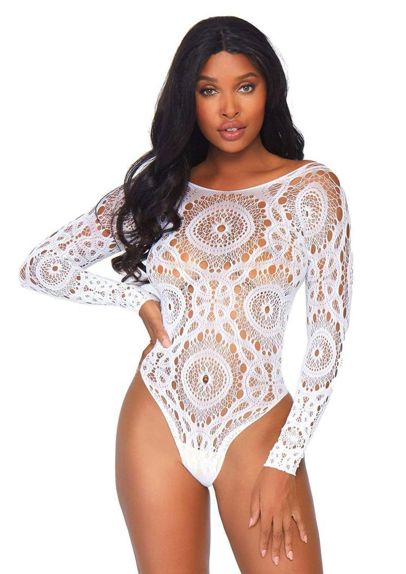 Leg Avenue Crochet Lace Long Sleeved Snap Crotch Thong Back Bodysuit - M/L - White