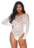 Leg Avenue Crochet Lace Long Sleeved Snap Crotch Thong Back Bodysuit - M/L - White