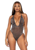 Leg Avenue Shimmer Sheer Lurex Rhinestone Bodysuit with Thong Back and Convertible Wrap-Around Straps - OS - Black/Silver
