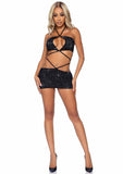 Leg Avenue Rhinestone Keyhole Bandeau Top and Low Rise Skirt with Waist Strap Detail (2 pieces) - Small - Black