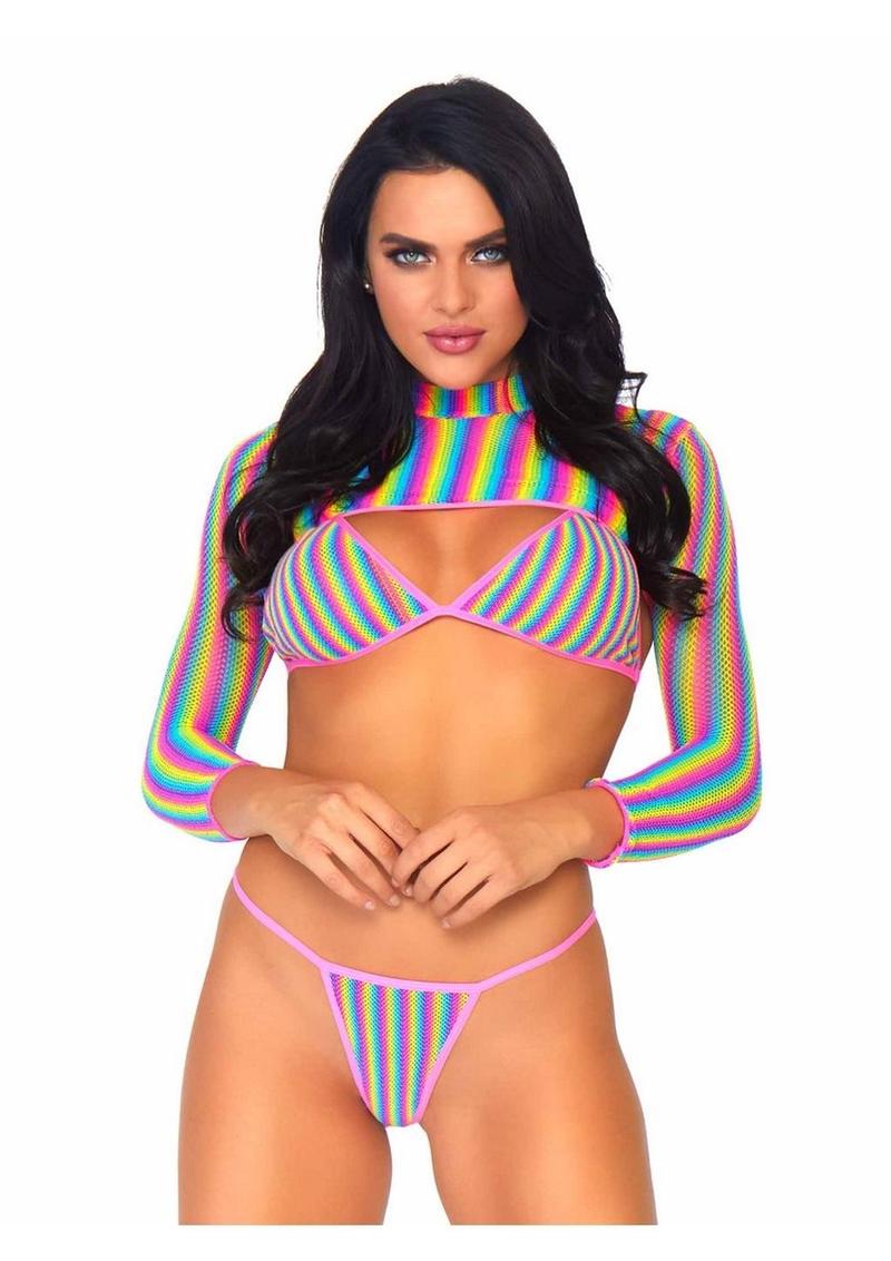 Leg Avenue Rainbow Fishnet Bikini Top, G-String, and Long Sleeved Crop Top (3 Piece) - OS - Multicolor