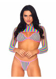 Leg Avenue Rainbow Fishnet Bikini Top, G-String, and Long Sleeved Crop Top (3 Piece) - OS - Multicolor
