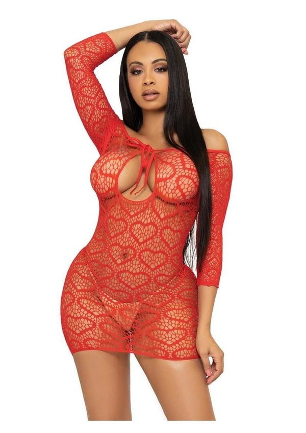 Leg Avenue Seamless Heart Net Mini Dress with Keyhole Tie Front - OS - Red