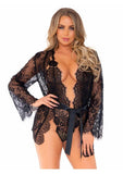 Leg Avenue Floral Lace Teddy with Adjustable Straps and Cheeky Thong Back Matching Lace Robe with Scalloped Trim and Satin Tie (3 pieces) - Small - Black