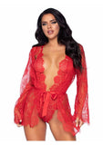 Leg Avenue Floral Lace Teddy with Adjustable Straps and Cheeky Thong Back Matching Lace Robe with Scalloped Trim and Satin Tie (3 pieces) - Medium - Red