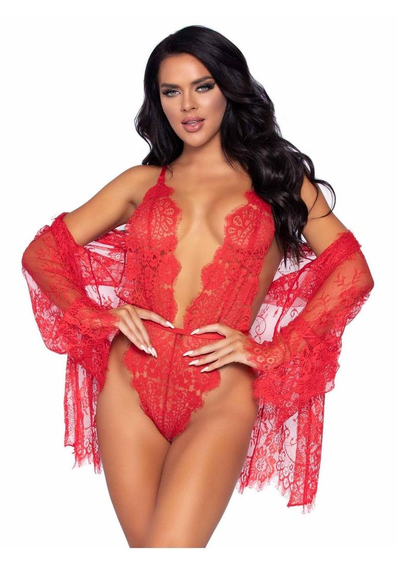 Leg Avenue Floral Lace Teddy with Adjustable Straps and Cheeky Thong Back Matching Lace Robe with Scalloped Trim and Satin Tie (3 pieces) - Medium - Red
