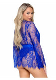 Leg Avenue Floral Lace Teddy with Adjustable Straps and Cheeky Thong Back Matching Lace Robe with Scalloped Trim and Satin Tie - Medium - Royal Blue