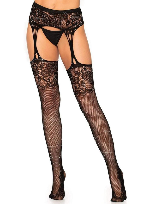Leg Avenue Rhinestone Lace Top Fishnet Stockings with Lace Foot and Attached Garter Belt - OS - Black