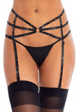 Leg Avenue - Strappy Elastic Rhinestone Garter Belt with O-Ring Detail - OS - Black
