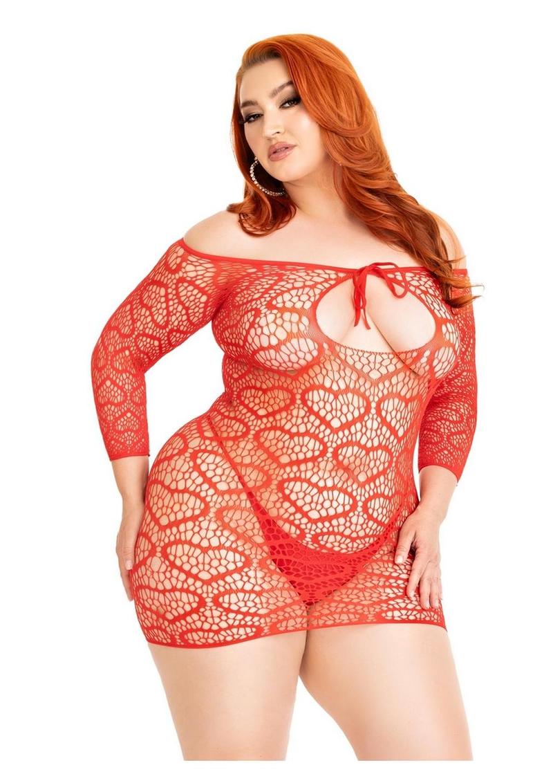 Leg Avenue Seamless Heart Net Mini Dress with Keyhole Tie Front - 1X/2X