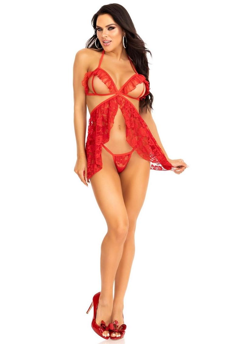 Leg Avenue Lace Flyaway Babydoll with Ruffle Peek-A-Boo Cups and Lace G-String (2 Piece) - Small - Red