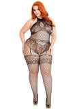 Leg Avenue Seamless Industrial Net Halter Bodystocking with Faux Lace Lingerie Detail - 1X/2X
