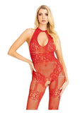 Leg Avenue Seamless Rhinestone Fishnet Bodystocking with Keyhole and Lace Lingerie Detail - OS - Red