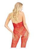 Leg Avenue Seamless Rhinestone Fishnet Bodystocking with Keyhole and Lace Lingerie Detail - OS - Red