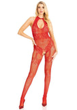 Leg Avenue Seamless Rhinestone Fishnet Bodystocking with Keyhole and Lace Lingerie Detail - OS - Red