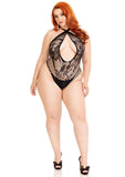 Leg Avenue Lace and Net Keyhole Crossover Halter Teddy - 1X/2X - Black