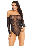 Leg Avenue Rhinestone Net and Lace Off the Shoulder Teddy - OS - Black