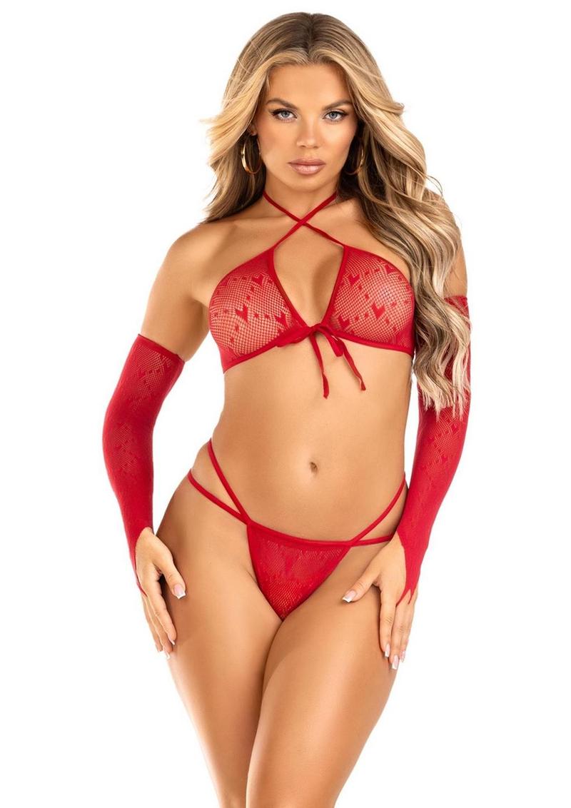 Leg Avenue Mini Heart Net Keyhole Crossover Crop Top, Dual Strap G-String, and Gauntlet Gloves - OS - Red