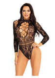 Leg Avenue High Neck Lace and Net Keyhole Back Bodysuit - OS - Black