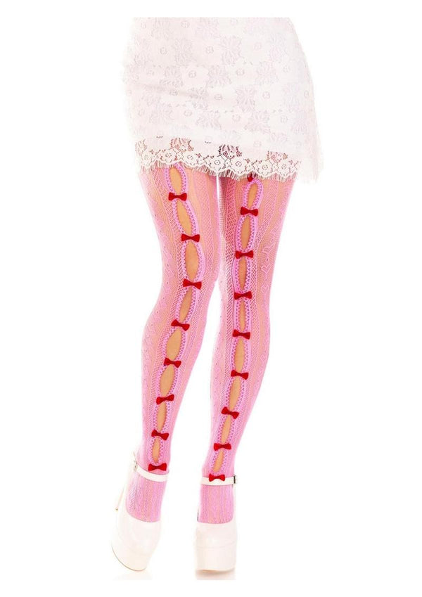 Leg Avenue Sweetheart Striped Net Tights with Keyhole and Mini Bow Detail  Pink