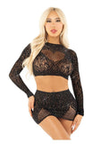 Leg Avenue Rhinestone Lace and Net Crop Top with Heart Keyhole Detail and Mini Skirt (2 Piece) - OS