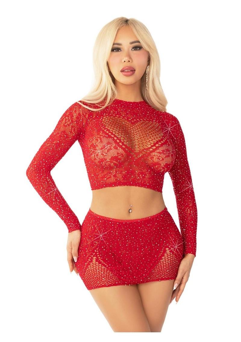 Leg Avenue Rhinestone Lace and Net Crop Top with Heart Keyhole Detail and Mini Skirt (2 Piece) - OS