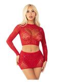 Leg Avenue Rhinestone Lace and Net Crop Top with Heart Keyhole Detail and Mini Skirt (2 Piece) - OS