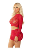 Leg Avenue Rhinestone Lace and Net Crop Top with Heart Keyhole Detail and Mini Skirt (2 Piece) - OS