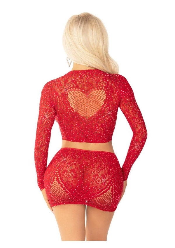 Leg Avenue Rhinestone Lace and Net Crop Top with Heart Keyhole Detail and Mini Skirt (2 Piece) - OS