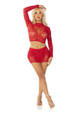 Leg Avenue Rhinestone Lace and Net Crop Top with Heart Keyhole Detail and Mini Skirt (2 Piece) - OS