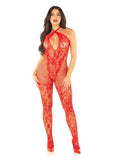Leg Avenue Seamless Net and Lace Lingerie Jumpsuit with Keyhole Crossover Halter - OS