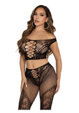 Leg Avenue Net and Lace Off-the-Shoulder Crop Top and Footless Tights (2 Piece)