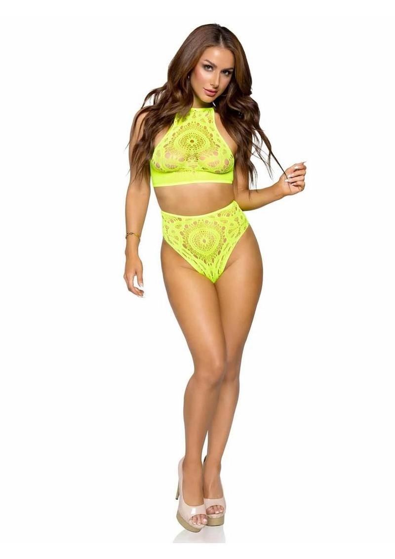 Leg Avenue Crochet Lace Halter Crop Top with Strappy Back Detail and High Waist Thong Panties (2 Piece) - Yellow - Medium/Large