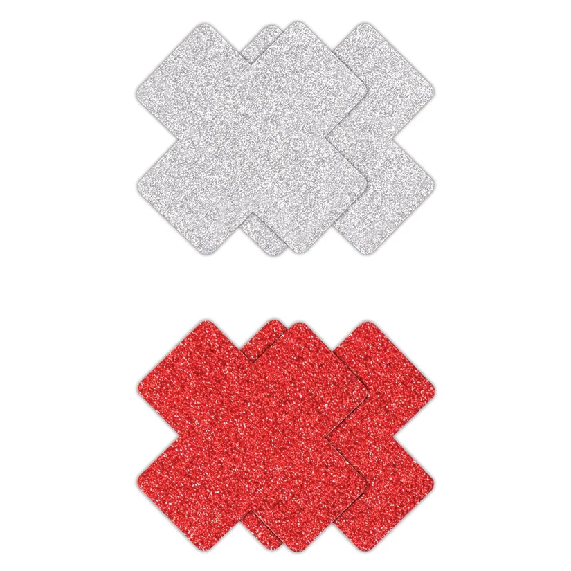 Pretty Pasties - Glitter Cross - Red/Silver - 2 Pair