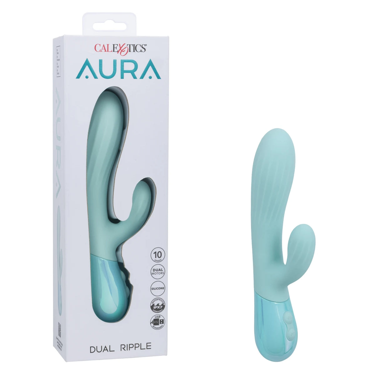 Aura Dual Ripple Rechargeable Silicone Rabbit Vibrator - Blue