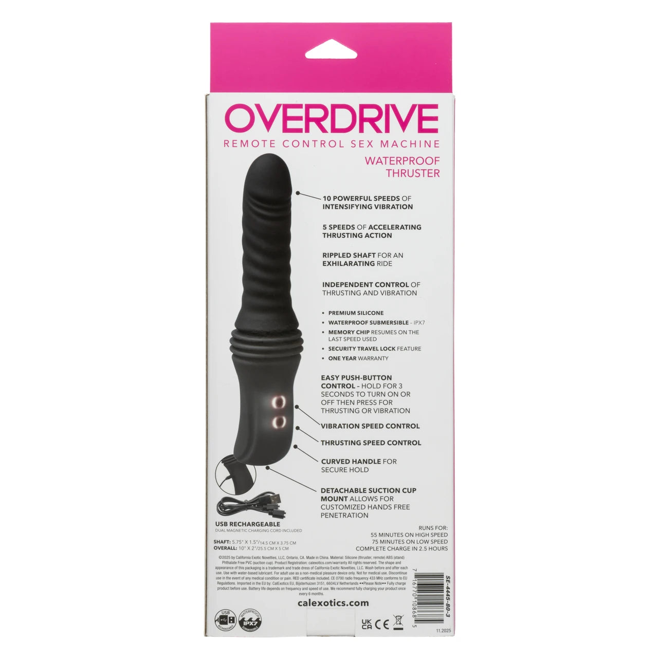 Overdrive Rechargeable Silicone Sex Machine Waterproof Thruster with Remote Control - Black