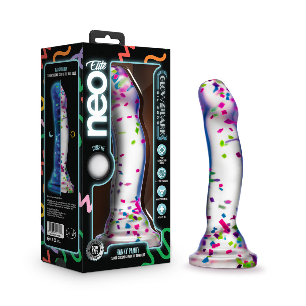 Neo Elite Glow in the Dark Silicone Hanky Panky Dildo 7.5in - Confetti