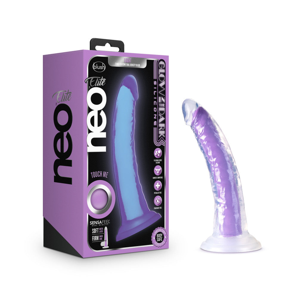 Neo Elite - Glow in the Dark - Light - 7 inch Silicone Dual Density Dong - Neon Purple
