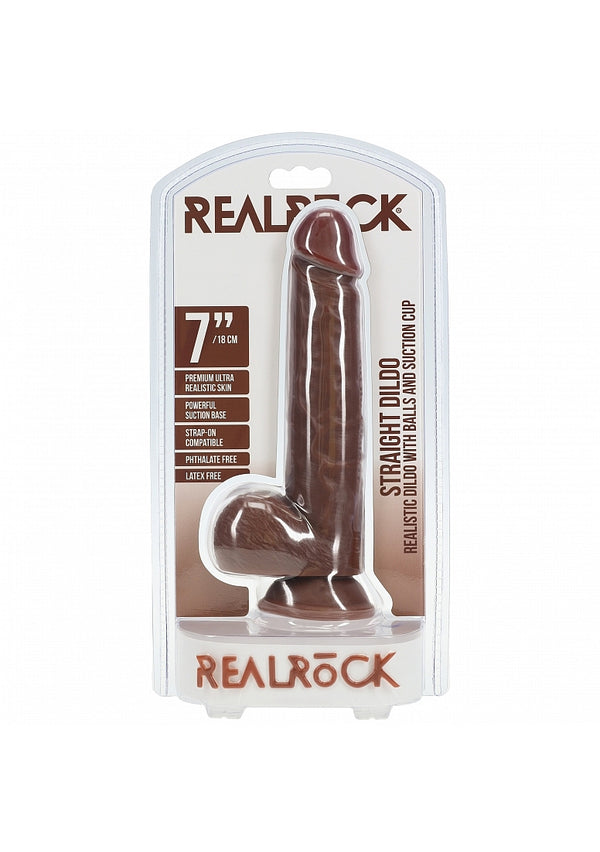 RealRock Realistic Skin - Straight Realistic Dildo with Balls and Suction Cup - 7" / 18 cm - Brown