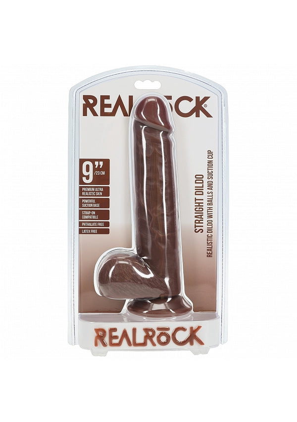 RealRock Realistic Skin Straight Realistic Dildo with Balls and Suction Cup 9in - Chocolate