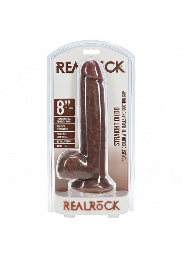 RealRock Realistic Skin - Straight Realistic Dildo with Balls and Suction Cup - 8" / 20,5 cm - Brown