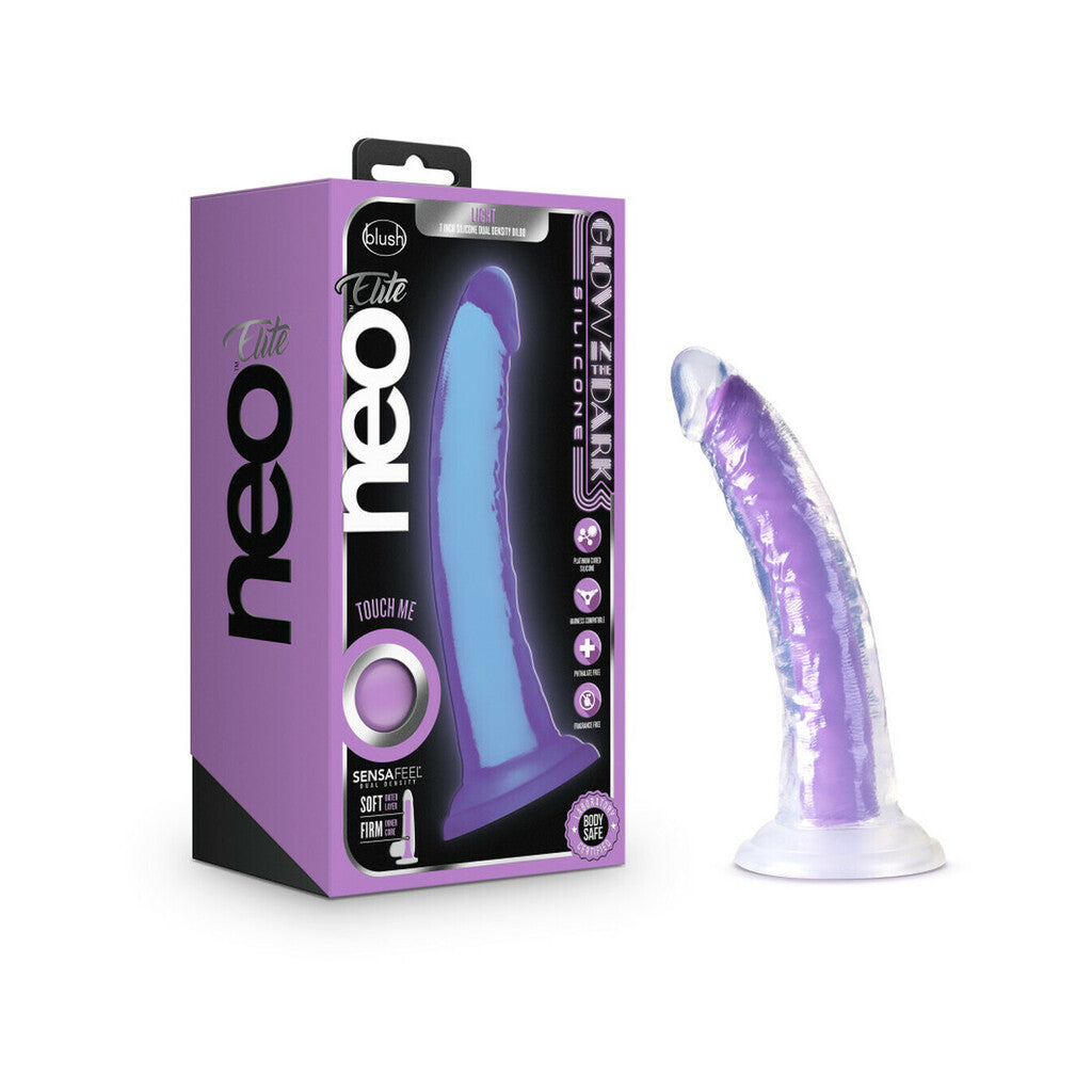 Neo Elite - Glow in the Dark - Light - 7 inch Silicone Dual Density Dong - Neon Purple