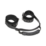 Bonded Leather Hand Cuffs With Handle - With Adjustable Straps