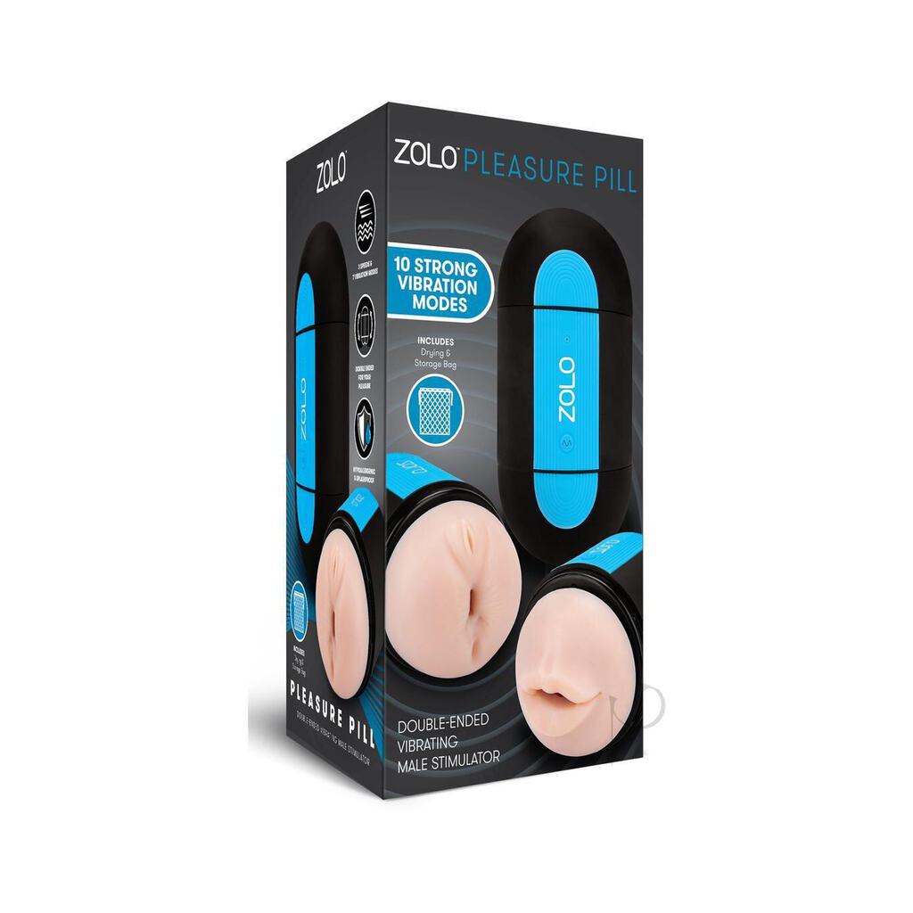 Zolo Pleasure Pill Silicone Rechargeable Masturbator - Mouth And Anal -  Black/Blue